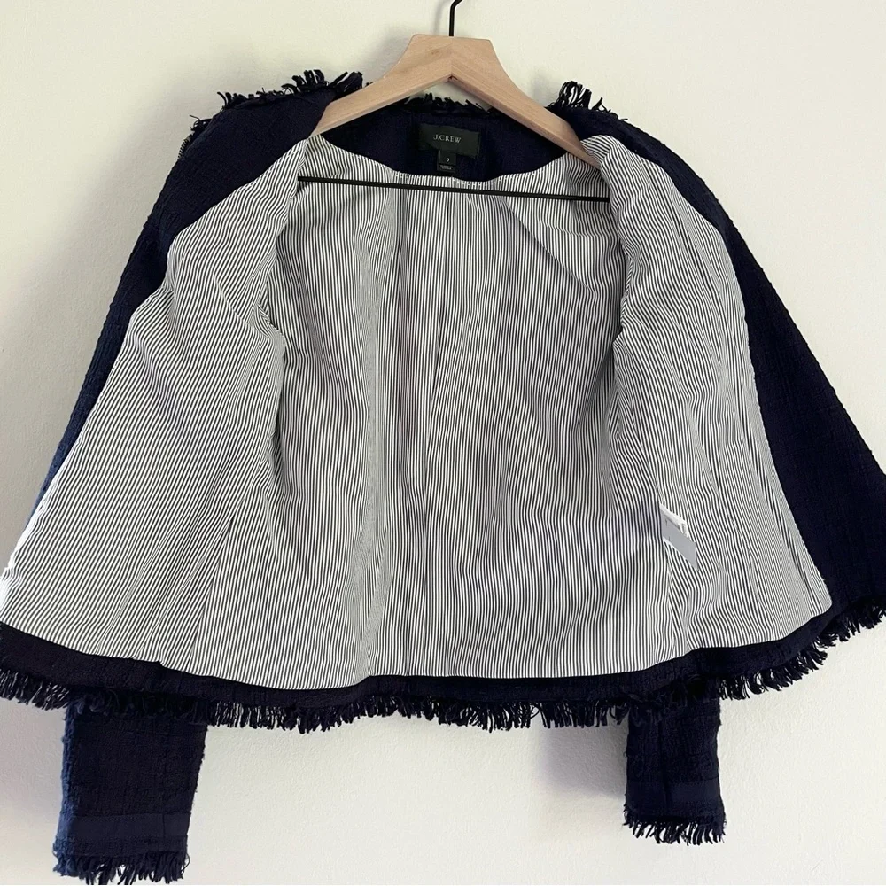 J. Crew Women’s Tweed Motorcycle Jacket with Fringe Navy‎ Blue Size 0